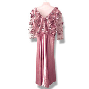 VNTG 80s Satin Dress Sz XL Pink 3D Flowers Chiffon Sleeves Fairy Princess Retro